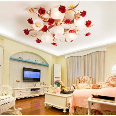 Imagem de Lustre De Decoração Rosa Romântico Criativo Em 3/6 Braços Estilo Europeu Floral Embutido Luminária De Teto Para Quarto Cozinha Sala De Jantar Luz De Teto, 6 heaad