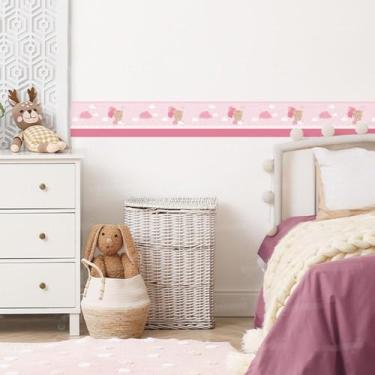 Imagem de Adesivo Ursinha 05 Rosa Faixa Infantil Balão Nuvem Estrela Quarto Bebê Menina Parede Decoração