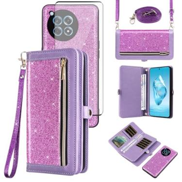 Imagem de Asuwish Capa tipo carteira compatível com OnePlus 12R 5G/Ace 3 2024 e protetor de tela de vidro temperado com glitter, fecho de correr, porta-cartões, acessórios para celular, capas para celular para