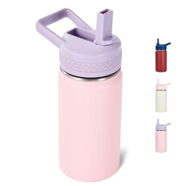 Imagem de Fijinhom Garrafa infantil de 340 g, garrafa de água infantil para meninos e meninas com tampas de canudos, garrafa térmica isolada a vácuo de aço inoxidável 304, sem BPA, roxo e rosa