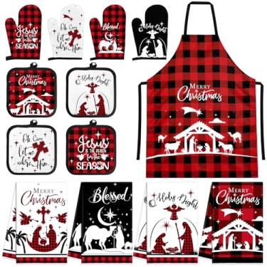 Imagem de Newcotte 13 peças de toalhas de cozinha para presépio de Natal, avental, suporte de panela, conjunto de luvas de forno, 4 toalhas de mão de prato xadrez, 4 luvas de forno pretas vermelhas, 4 almofadas
