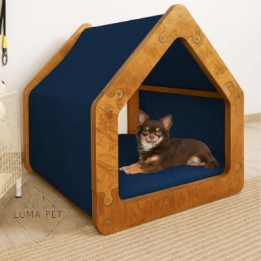Imagem de Cama Caminha para Pet Cachorro e Gato Tamanho Grande em Madeira e Tecido, Luma Pet, Design Casinha, com Almofada Macia (Marinho)