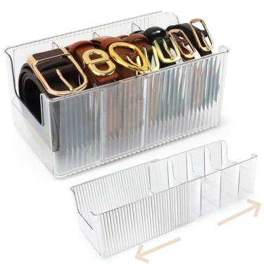 Imagem de Organizador de cinto transparente, suporte de armazenamento de cinto de acrílico extensível com divisórias ajustáveis, recipiente de armazenamento de cintos para organização de gavetas e armários
