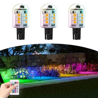 Imagem de Makergroup Lâmpadas LED RGB T5 T10 com base em cunha 12 V que muda de cor, branco quente + 15 multicores e regulável no controle remoto, Weatherpoof para iluminação de paisagem externa de baixa tensão