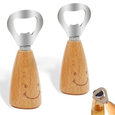 Imagem de Pacote com 2 abridores de garrafas sorridentes com cabo de madeira, aço inoxidável, fácil de usar, aderência confortável, abertura de lata sem esforço