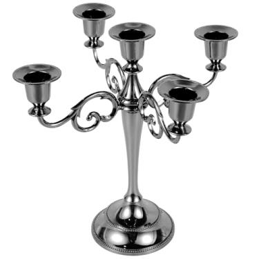 Imagem de ZJRDYYK Castiçal de metal com 5 candelabros, suporte de vela de 5 braços, suporte de vela de pilar com 5 braços, candelabro de metal vintage, suporte de castiçal vintage para decoração (preto)
