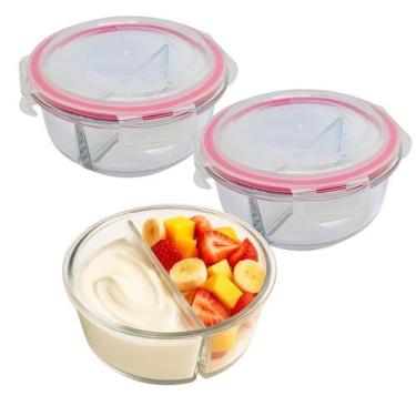 Imagem de Kit 2 Pote De Vidro Tampa Hermético Redondo Com Divisória Marmita Fit 
