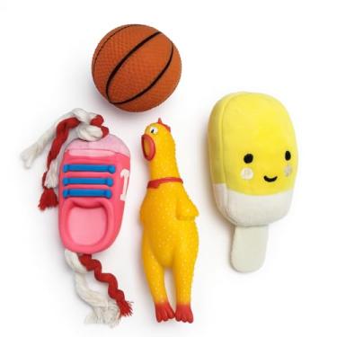Imagem de Kit 4 Brinquedos para Cachorro, Pet, Mordedor Anti Estresse, Pelúcia Galinha 14cm, Bola Basquete, Sapato