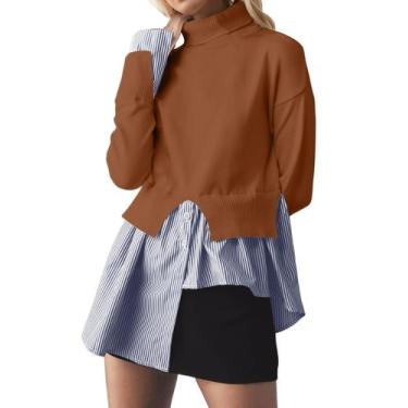Imagem de Suéter feminino MISSACTIVER com fenda e gola alta, patchwork, 2 em 1