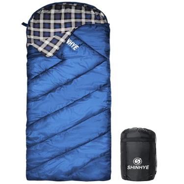 Imagem de ShinHye Saco de dormir de 0 graus para adultos - flanela de algodão 4 estações clima frio inverno, 2GG saco de dormir grande e alto para acampamento com saco de compressão (azul 1, zíper direito de