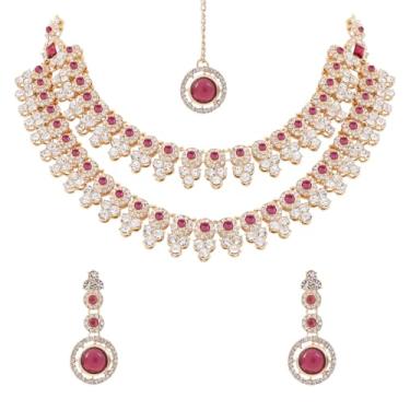 Imagem de I Jewels Colar de diamante de cristal banhado a ouro com brincos e conjunto de joias Maang Tikka para mulheres (IJ415Wi)