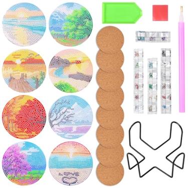 Imagem de 8 kits de porta-copos para copos, porta-copos de arte faça você mesmo com suporte de ferro, kits para adultos, tapetes redondos para iniciantes e adultos faça-você-mesmo artigos de artesanato (cenário