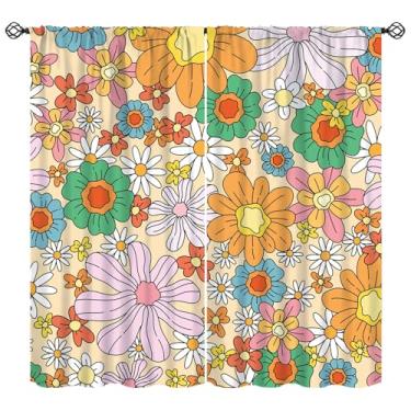 Imagem de Djaby Cortina colorida dos anos 70, linda retrô floral funky vintage abstrata flor estética cortinas de janela para quarto sala de estar 107 cm L x 114 cm C (sem blackout)