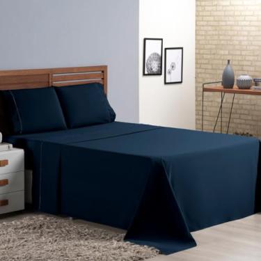 Imagem de Jogo de Cama Casal Queen Percal 400 Fios Ponto Palito 04 Peças, Antiácaro, Não faz bolinha Toque Extra Macio (Azul)