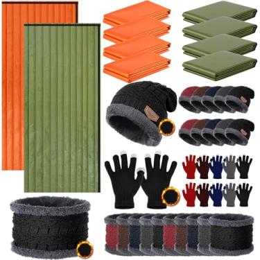 Imagem de Tranqun 40 sacos de dormir de emergência para adultos com chapéu de inverno luvas lenços a granel, impermeável, leve, saco de dormir para acampamento, luvas de tela sensível ao toque para mochilão