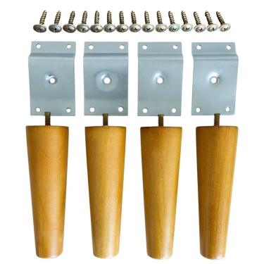 Imagem de Pés De Madeira P/ Móveis Classic Palito Cone Retrô 15cm Com Suporte Ferro Em Grau e Parafusos - Kit Completo 4 Unidades