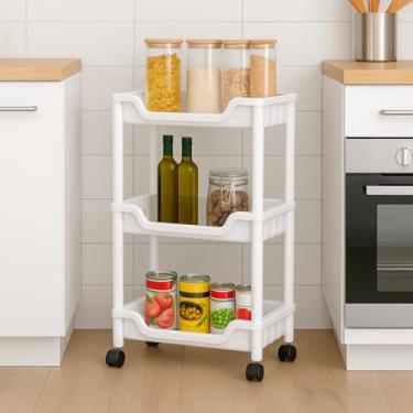 Imagem de Carrinho Organizador Multiuso com 3 Andares, Branco, ABS, 69x40x22cm, Rodinhas 360°, Suporta 30kg, para Casa, Cozinha, Banheiro, Lavanderia