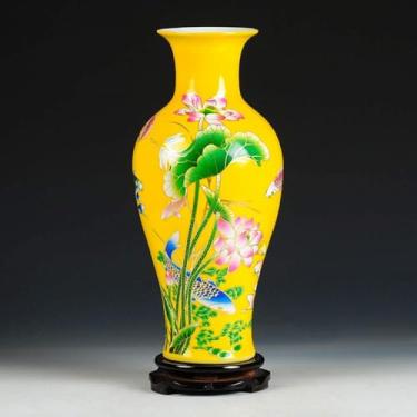 Imagem de AKALNNB Vaso amarelo chinês vaso de cerâmica antiga chinês com base vaso de porcelana decorativo vaso de flor de porcelana tradicional peça central de casa moderna - A H38cmxW17c
