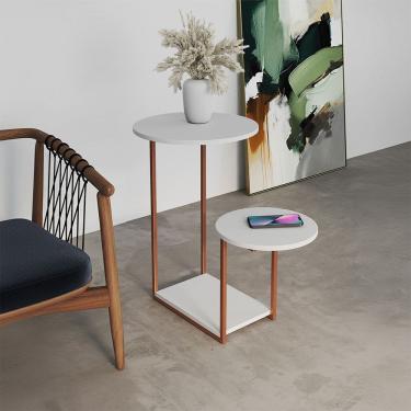 Imagem de Mesa de Apoio Cibele Ferro Cobre Tampo Redondo Branco