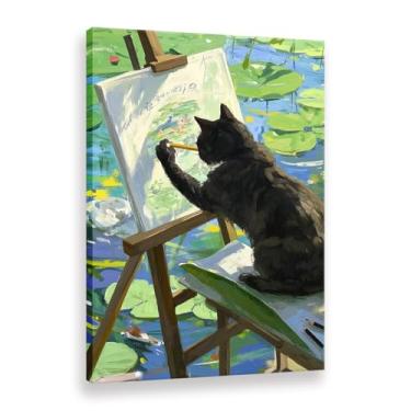 Imagem de CANLUNTE Impressão em tela de pintura de parede exclusiva de gato preto copiando a piscina dos nenúfares em um cavalete - Arte moderna (arte 2,9 cm x 61 cm emoldurada)