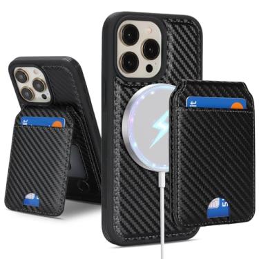 Imagem de Havaya Capa carteira magnética para iPhone 15 Pro Max - Capa removível de fibra de carbono 2 em 1 compatível com MagSafe, com suporte para cartão e suporte - preta