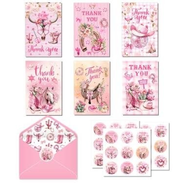 Imagem de Conjunto de 12 cartões de agradecimento de caubói ocidental com envelopes e adesivos, chapéu de cowboy rosa, botas de chapéu de caubói com estampa de cavalo, cartões de saudação em branco para chá de