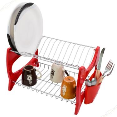 Imagem de Escorredor de Louças Duplo 13 Pratos Porta Talher Cozinha Bancada (Vermelho)