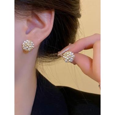 Imagem de Brincos femininos de strass de flor de pérola - Brincos pendentes de ouro delicado, design de laço fofo banhado a ouro 14 k, Medium, Latão, Sem pedra preciosa