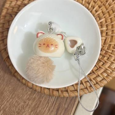 Imagem de Correia para telefone gato pompom coração pêssego - Cordão de pelúcia animal com pingente de glitter