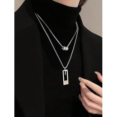 Imagem de Colares com pingente quadrado de camada dupla punk corrente de clavícula banhada a prata legal colares de colar longo moda joias exageradas acessórios festa aniversário dia dos namorados presente para