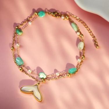 Imagem de Tornozeleiras de ouro de camada dupla para mulheres com corrente de pérolas de aço inoxidável e pulseiras de tornozelo de pedra, one size, Aço inoxidável, Sem Pedra Preciosa