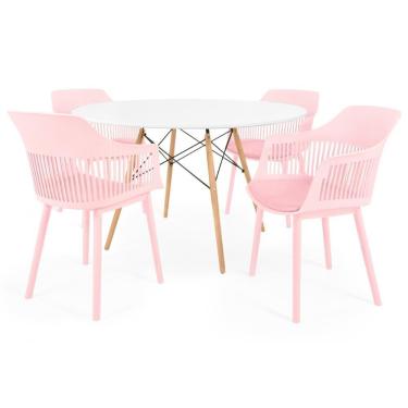 Imagem de Conjunto Mesa De Jantar Redonda Eiffel Branca 120cm Com 4 Cadeiras Marcela - Rosa