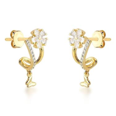 Imagem de Brincos Borboleta E Flor Em Ouro 18k Com Zircônia - Beleza Naturais