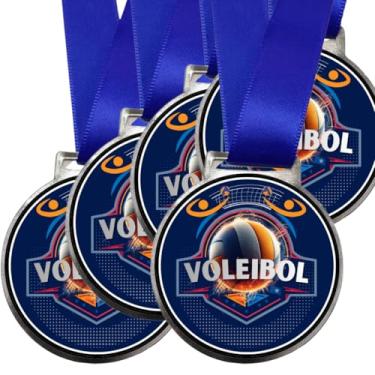 Imagem de Kit 5 Medalhas Para Vôlei De Quadra Premiação de Voleibol Campeão Esportes 50mm Com Fita Azul