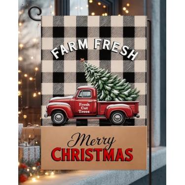 Imagem de Merry Christmas Bandeira de jardim 30,5 x 45,7 cm vertical dupla face externa, vermelho caminhão búfalo xadrez inverno fazenda quintal gramado decoração ao ar livre bandeira