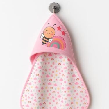 Imagem de Toalha de Banho Infantil com Capuz, Plush Rosa com Corações, Forro 100% Algodão, 68x68cm, Tema Urso Panda, para Bebês (Rosa - Abelhinha)