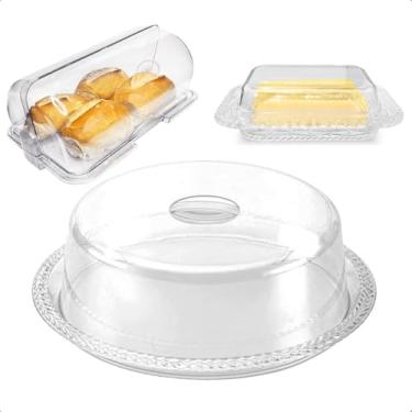 Imagem de Kit Cozinha Café Da Manhã Cristal Acrílico Boleira Manteigueira Queijeira Porta Pão Organizadores De Mesa Chá Da Tarde(P/Pão + Boleira + Manteigueira)