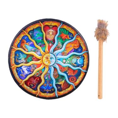 Imagem de oshhni Tambor Xamânico com Baquetas - Adereço para Cerimônias - Decoração Útil - Adultos - Leve - Suprimentos para Apresentações - Tambor Xamânico, Doze Constelações