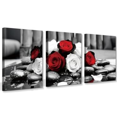 Imagem de Conjunto de 3 arte de parede em tela de rosa vermelha e preta emoldurada e branca, decoração de parede de banheiro, abstrata, rosa, impressão, pôster, decoração moderna, 30 x 40 cm