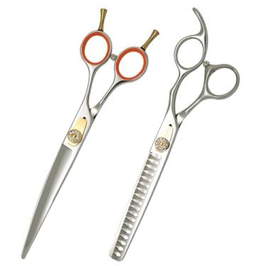 Imagem de SnipStar 7 polegadas de tesoura profissional para animais de estimação Conjunto de tesouras de corte curvas e tesouras de chunker 18 dentes para cuidados de cães, taxa de diluição 45%