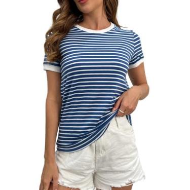 Imagem de Camiseta feminina casual com estampa listrada Floerns azul marinho