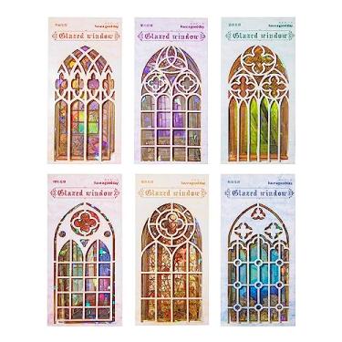 Imagem de Adesivos com tema de janela esmaltada vintage, lote de 60 peças, adesivos Belebee holográficos de PET de folha dourada brilhante, adesivo de moldura de janelas de igreja para scrapbooking, lixo,