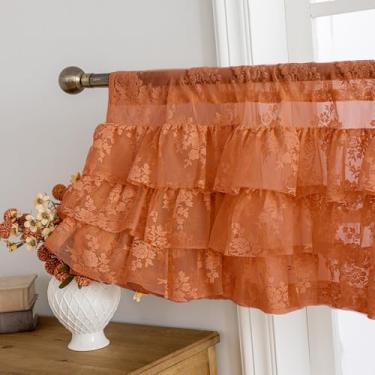 Imagem de Saia de renda com babados laranja queimado para janelas 1 painel L 132 x C 45,7 cm Cottagecore floral outono outono transparente saia com babados para janela de cozinha sobre a pia bolso do varão