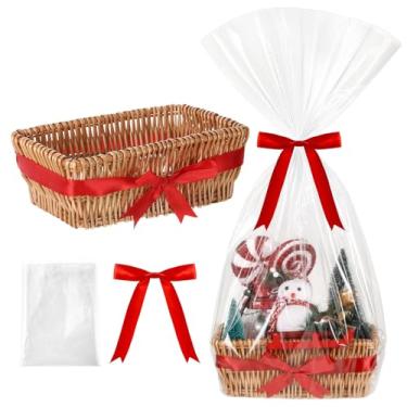 Imagem de Threehoney Cesta de vime vazia de 30,5 x 18 x 12,7 cm para presentes com saco e fita de laço, cestas vazias para encher para presente de Natal, chá de bebê, aniversário, casamento (cor madeira)