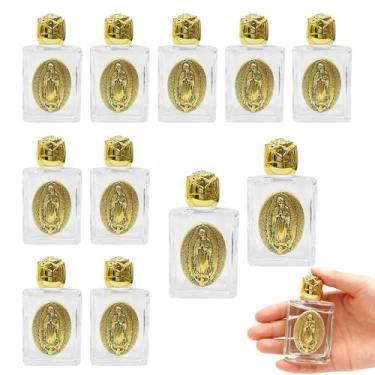 Imagem de 12 garrafas de água sagrada católicas de 0,5 floz de vidro em relevo quadrado com representação tonificada de tampa tonificada, presentes de comunhão para igreja familiar, lembrancinhas espirituais