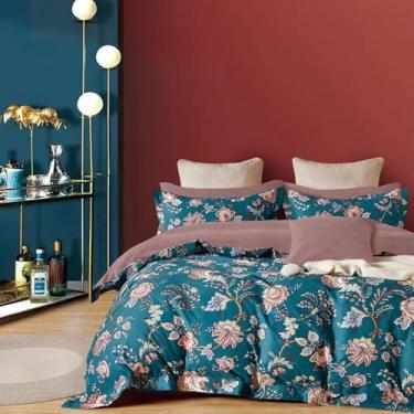Imagem de Conjunto de capa de edredom queen azul-petróleo de algodão macio estampado floral, inclui 1 capa de edredom com fecho de zíper + 2 fronhas, sem edredom