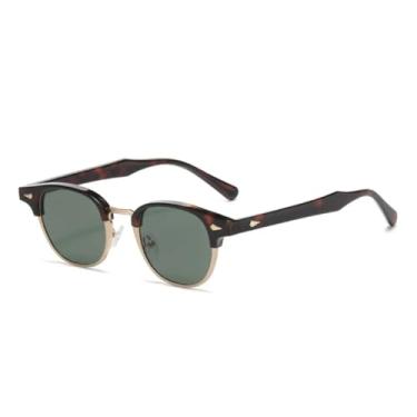 Imagem de VFDHN Óculos de sol retrô clássico semi-metálico oval feminino fashion punk masculino rebites uv400 (leopardo verde escuro)