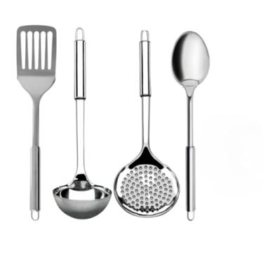 Imagem de Kit Utensílios de Cozinha em Aço Inox Escumadeira Concha Colher Arroz Pegador Massa Garfo Trin (4)