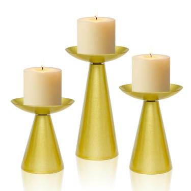 Imagem de KEHAIL Conjunto de 3 castiçais pretos foscos - Suporte de vela de metal cônico moderno para mesa central, jantar à luz de velas, decoração de casa e ornamentos de lareira (3, dourado)