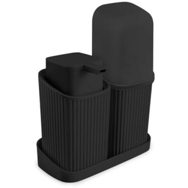 Imagem de Kit Para Banheiro Com Bandeja Sabonete Líquido Porta Escovas (Preto)